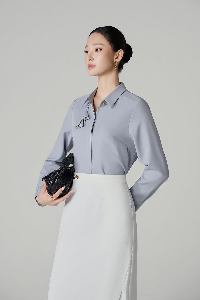 Sơ mi DT cổ đức kẹp dây hoa