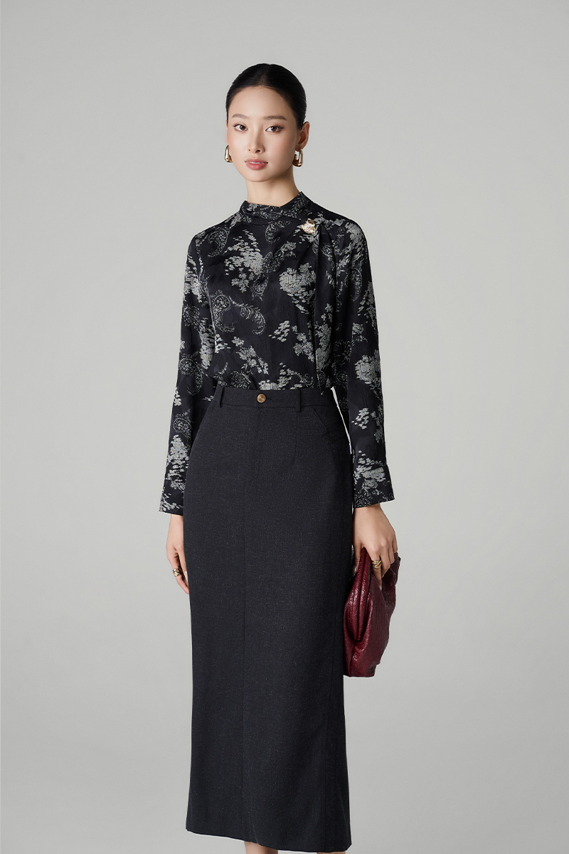 Sơ mi DT hoạ tiết cổ luồn nơ