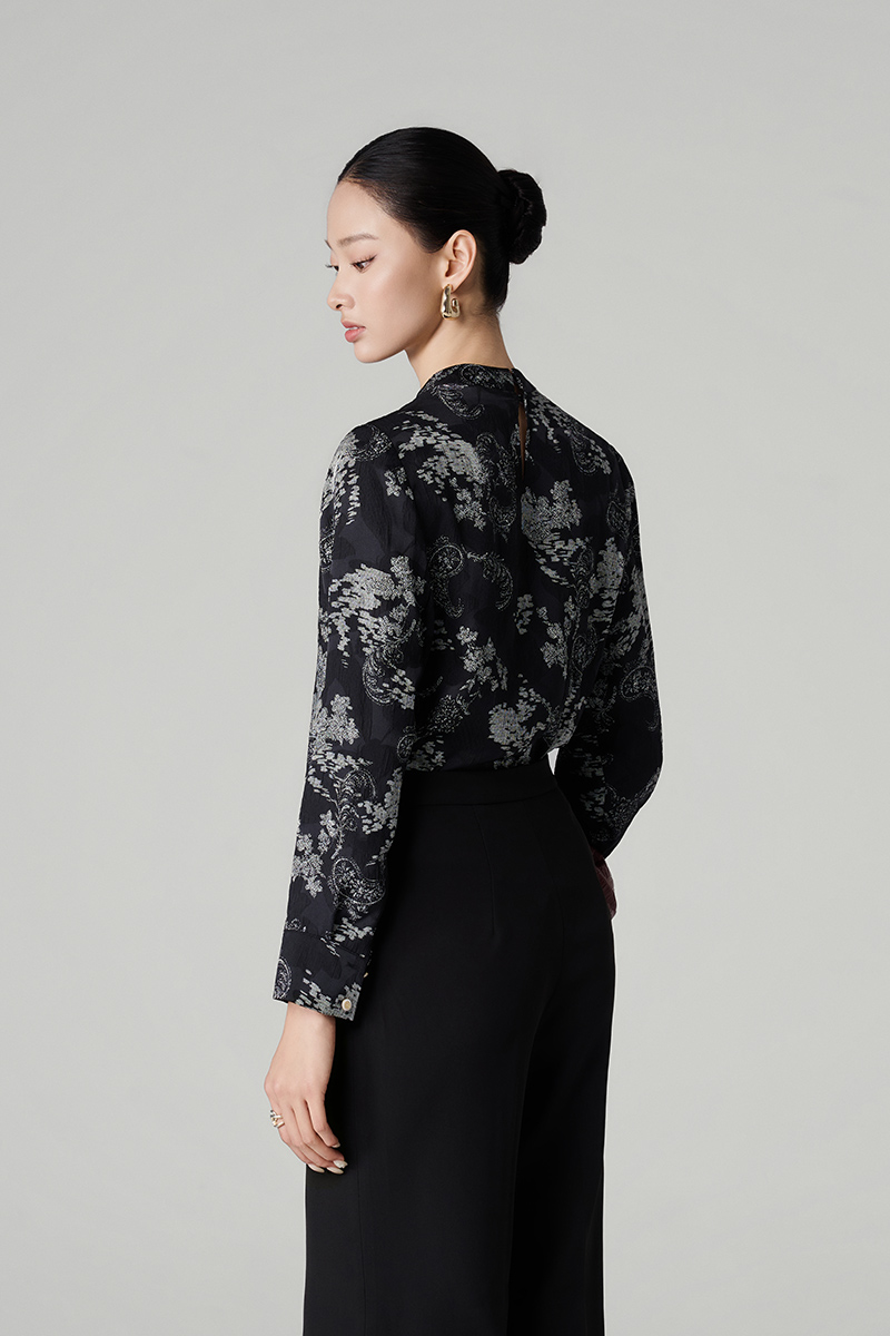 Sơ mi DT hoạ tiết cổ luồn nơ