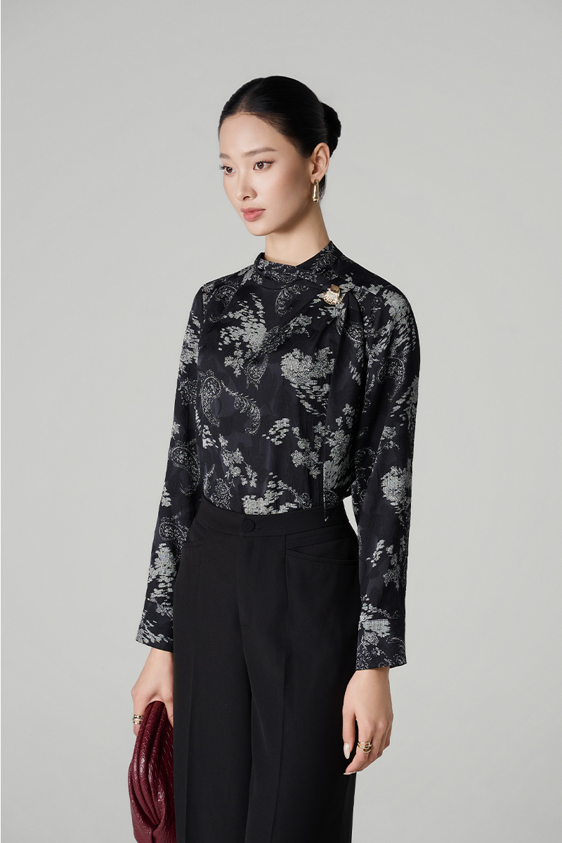 Sơ mi DT hoạ tiết cổ luồn nơ