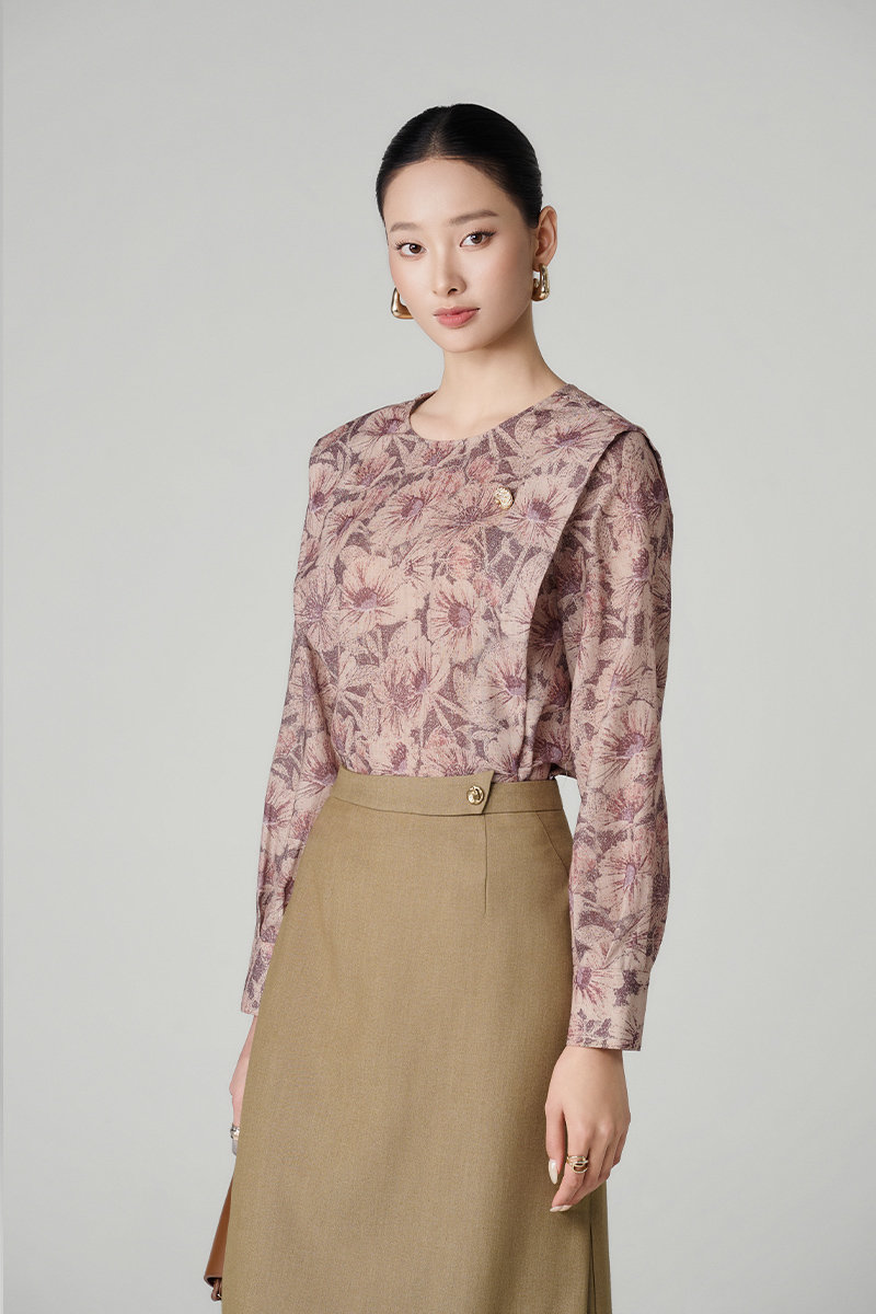 Sơ mi DT hoạ tiết cổ tròn vai xếp bong