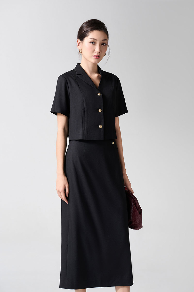 Áo kiểu CT croptop cổ 2 ve cơi dọc thân