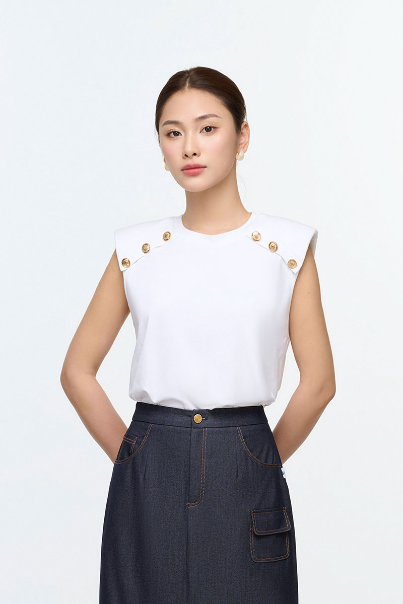 Áo thun kiểu vai chờm đính cúc