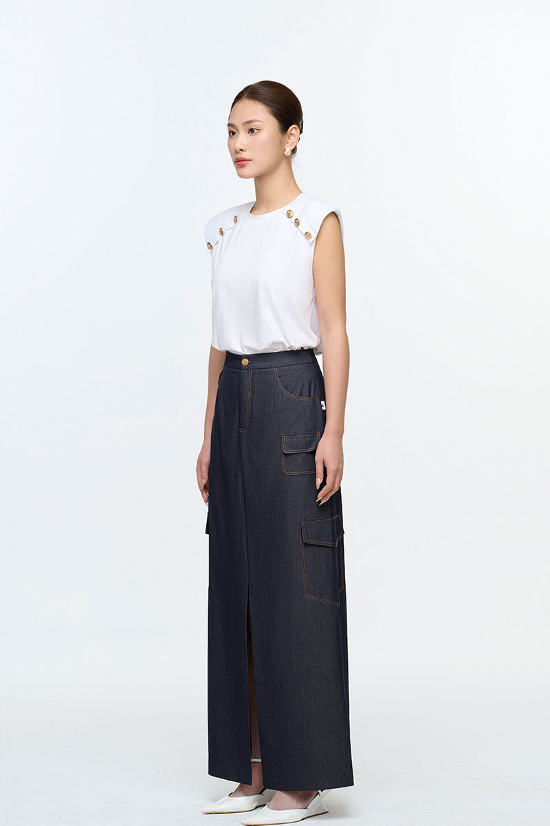 Áo thun kiểu vai chờm đính cúc