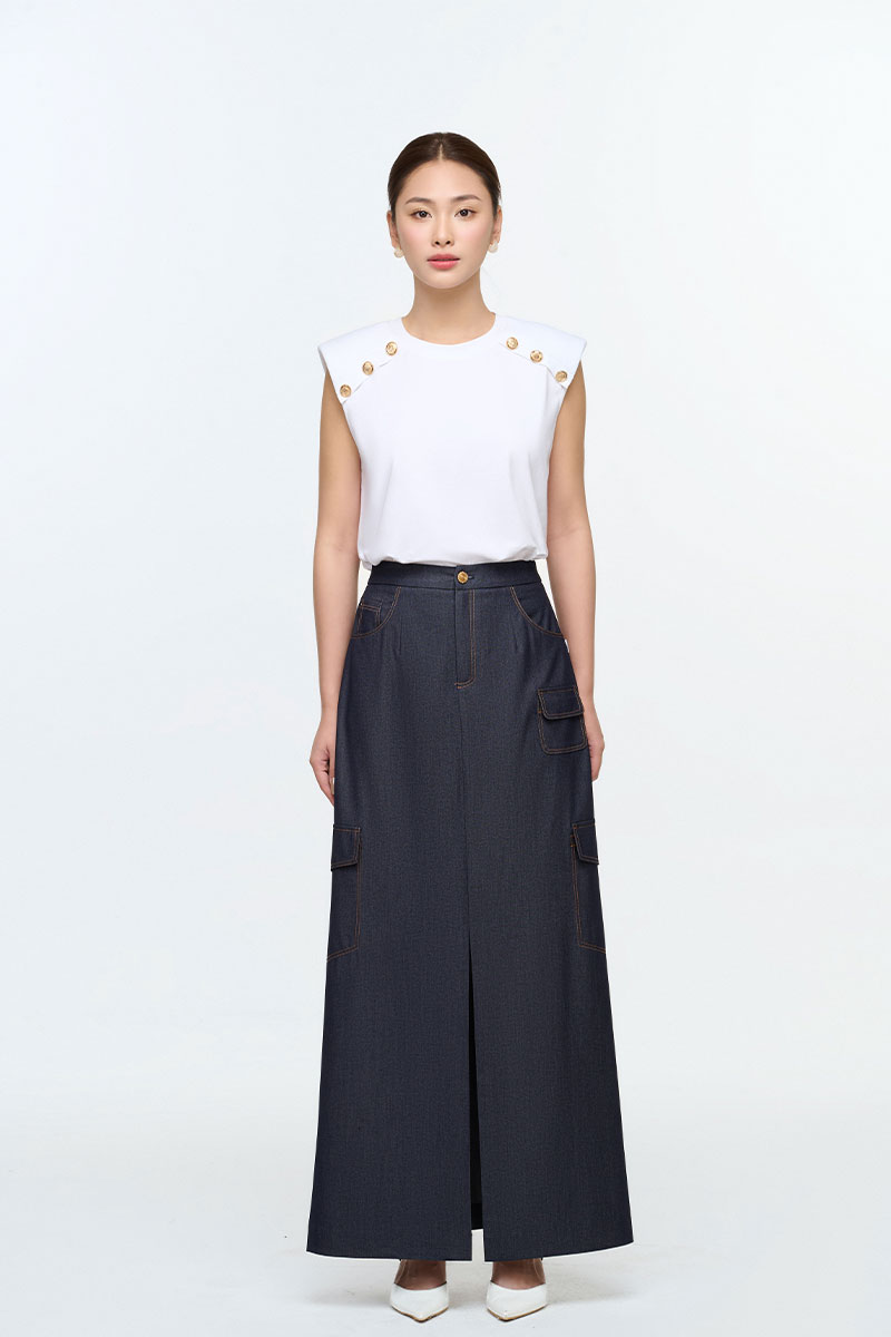 Áo thun kiểu vai chờm đính cúc