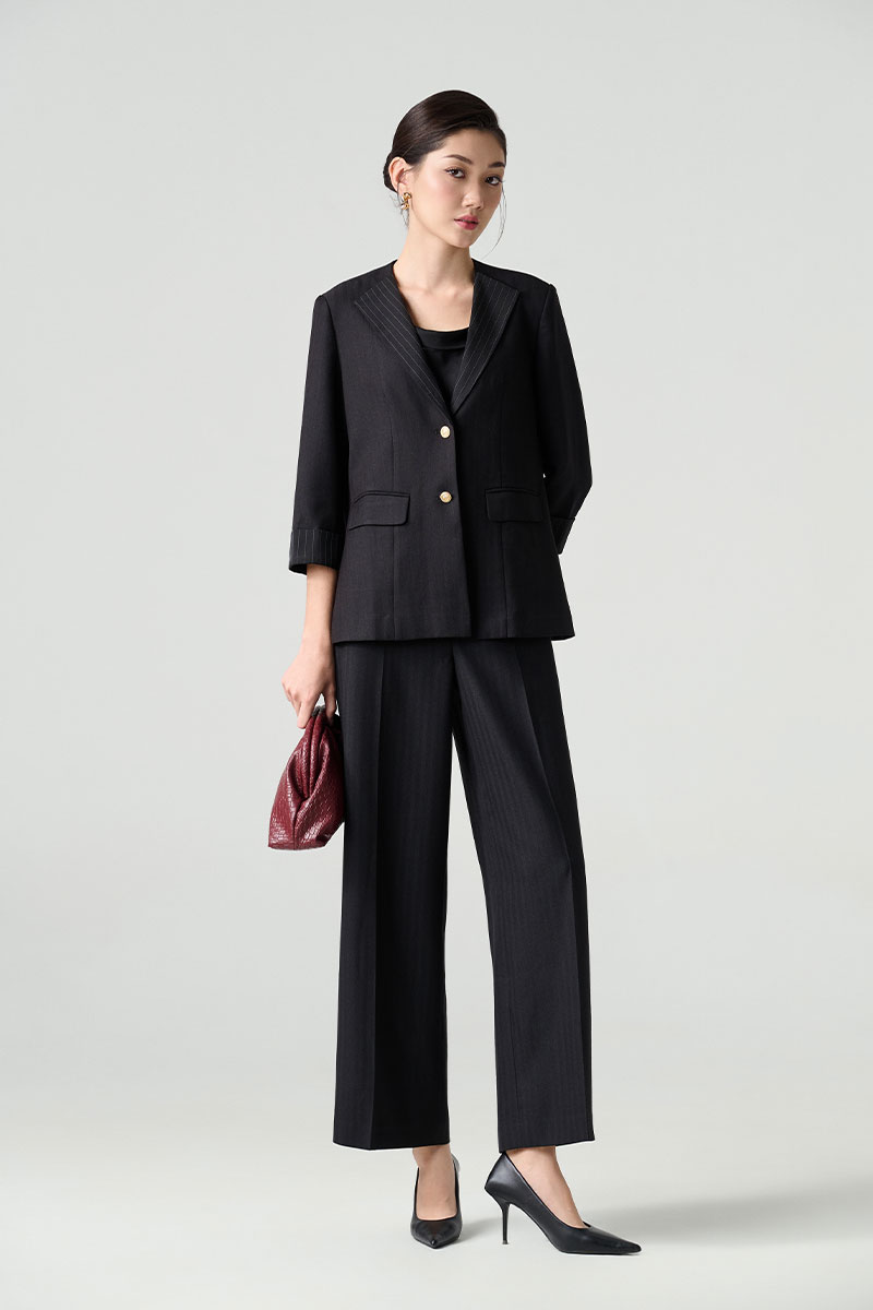 Quần suông cạp can đai đính cúc lệch