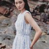 Đầm maxi vai chờm, eo rút dây