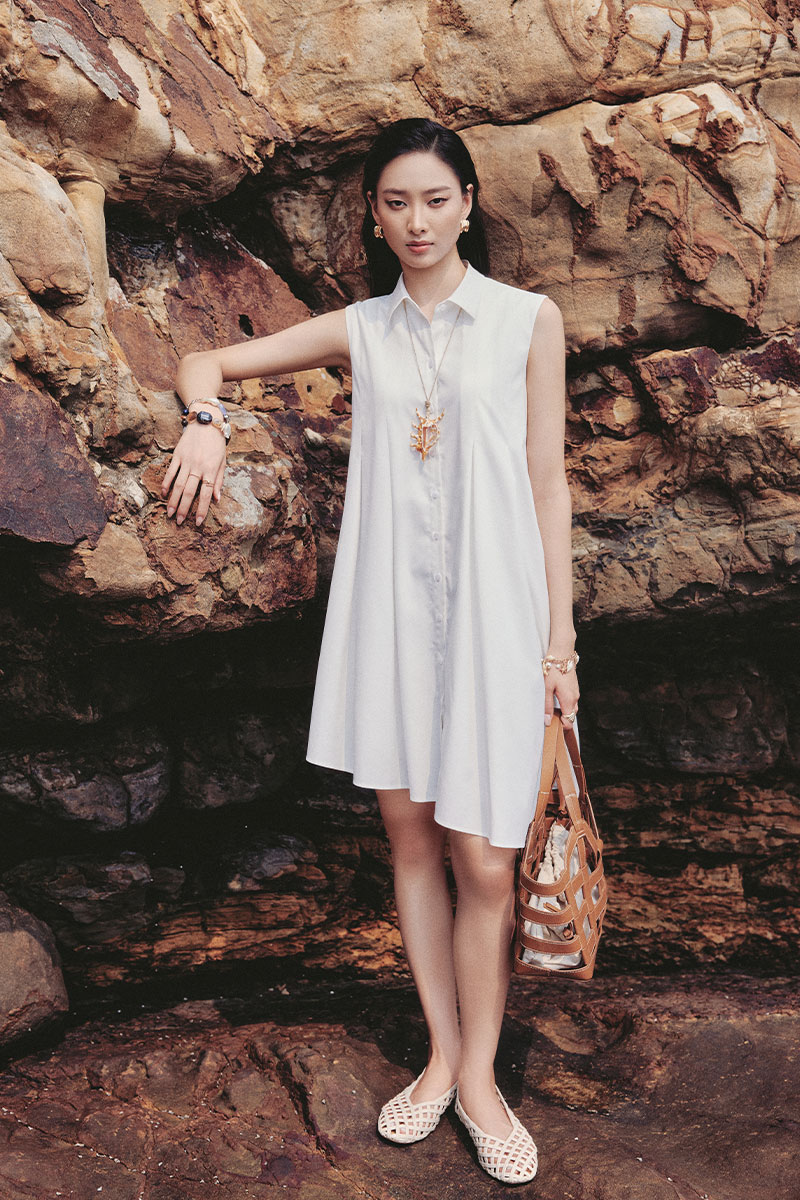 Đầm suông xếp ly thân vạt gấu chéo