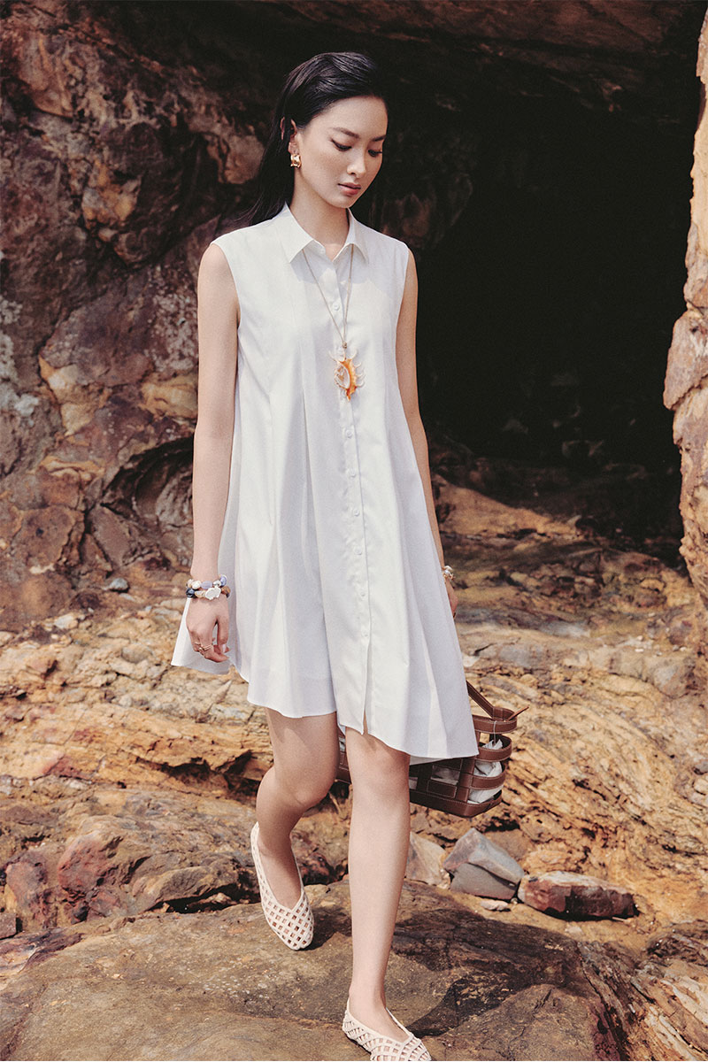 Đầm suông xếp ly thân vạt gấu chéo