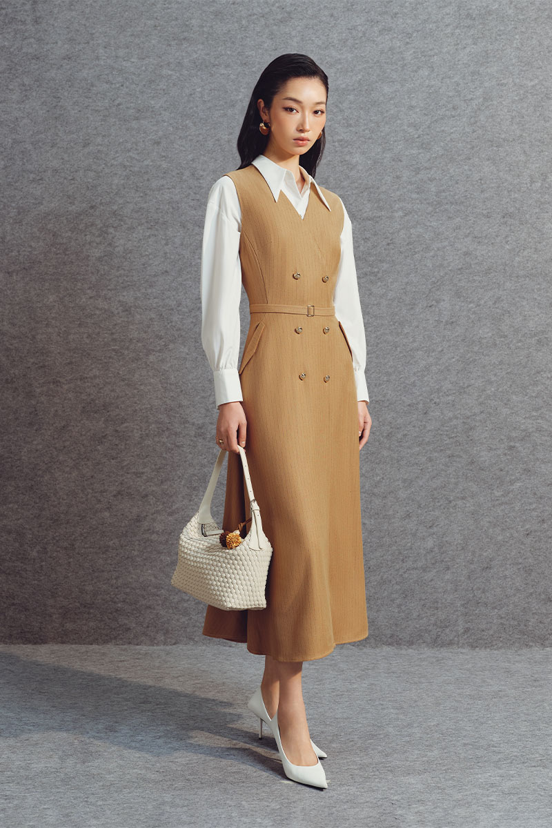 Đầm xoè SN cổ V đai eo