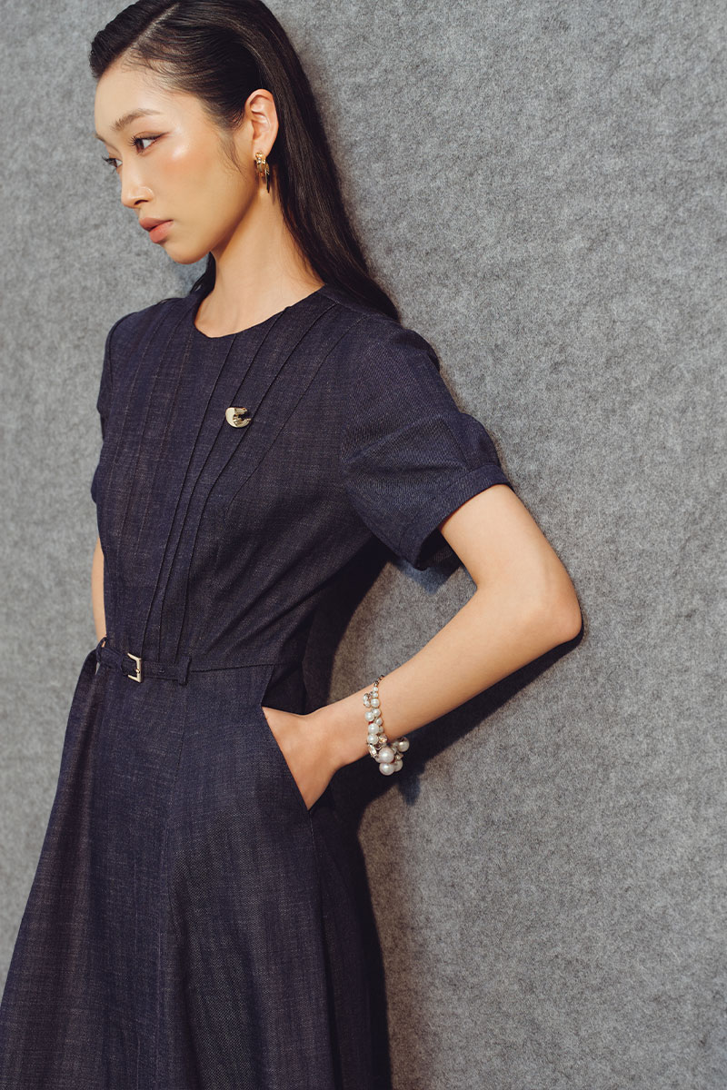 Đầm xoè denim thân bấu mí đai eo TT