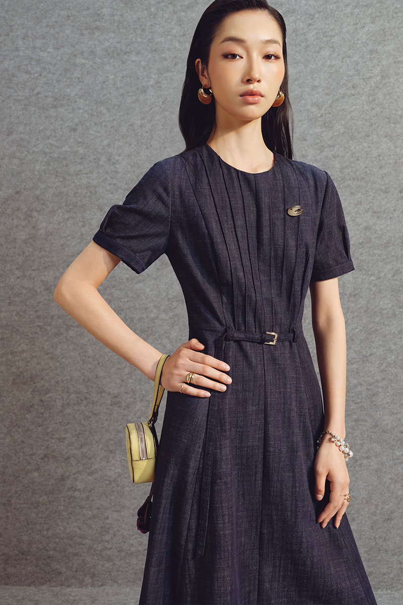 Đầm xoè denim thân bấu mí đai eo TT