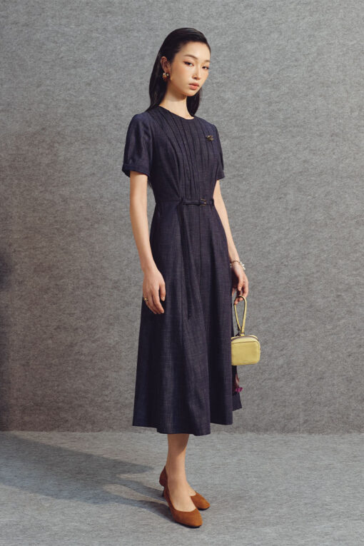 Đầm xoè denim thân bấu mí đai eo TT