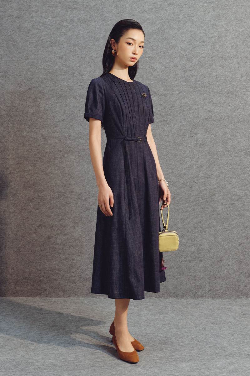 Đầm xoè denim thân bấu mí đai eo TT