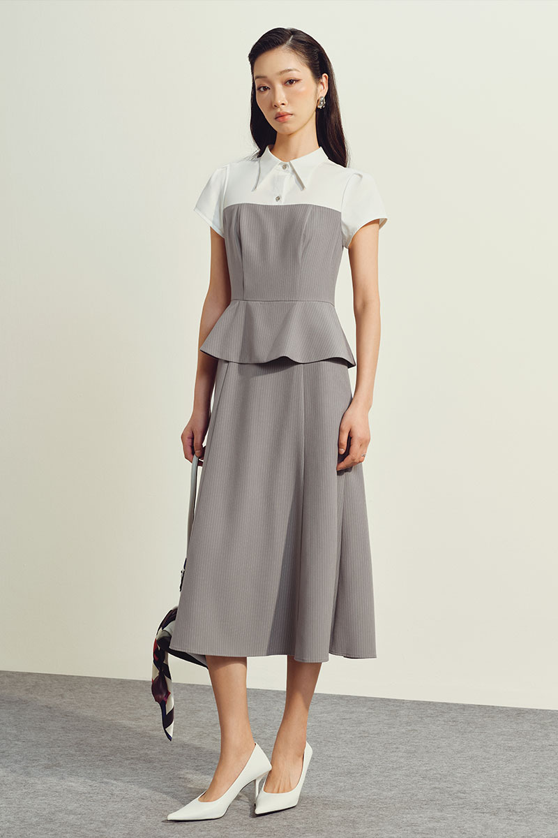 Đầm xoè peplum phối thân trên tay hến