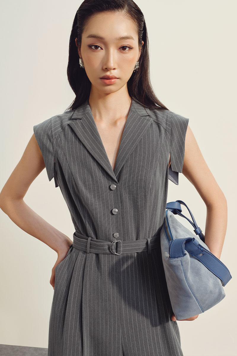 Jumpsuit kẻ vai chờm cổ 2 ve