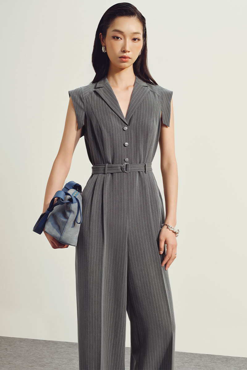 Jumpsuit kẻ vai chờm cổ 2 ve