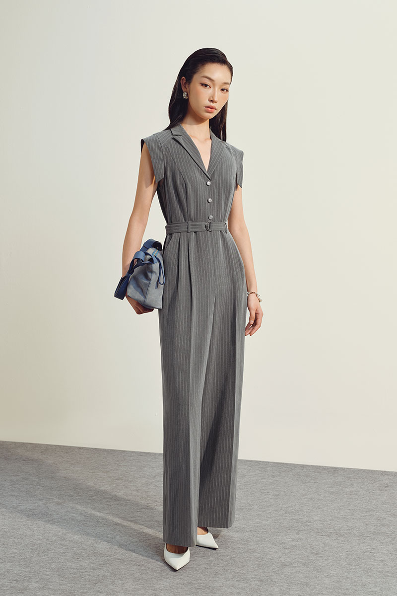 Jumpsuit kẻ vai chờm cổ 2 ve