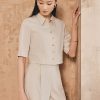 Quần suông lửng gấu bong đính cúc Sơ mi CT croptop nẹp vát