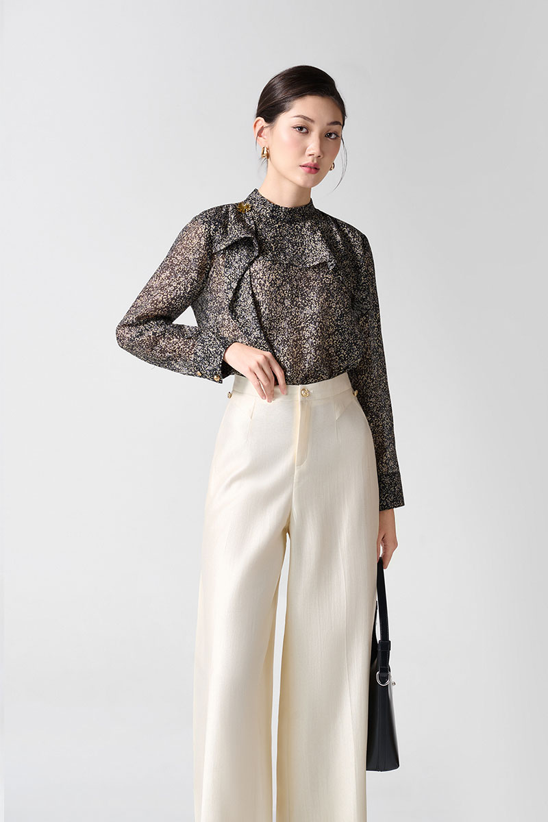 Sơ mi DT hoạ tiết bèo ngực bong