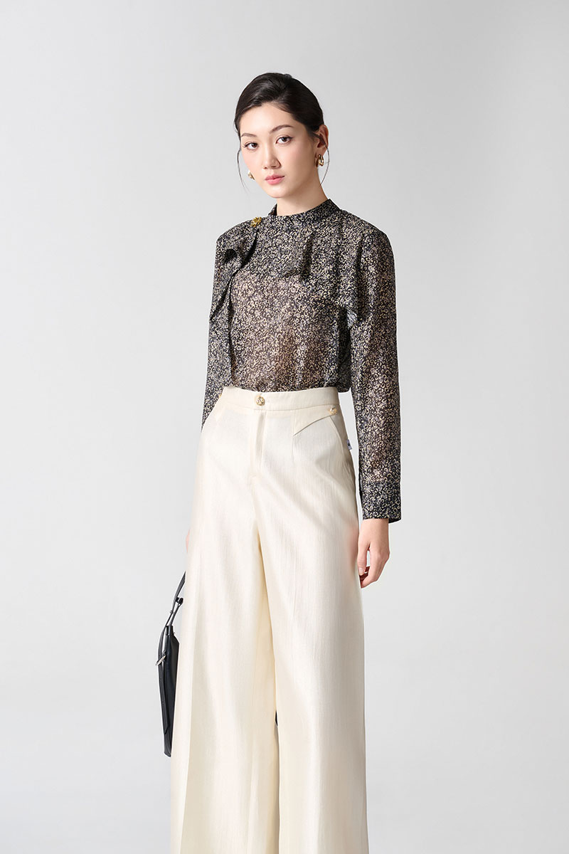 Sơ mi DT hoạ tiết bèo ngực bong