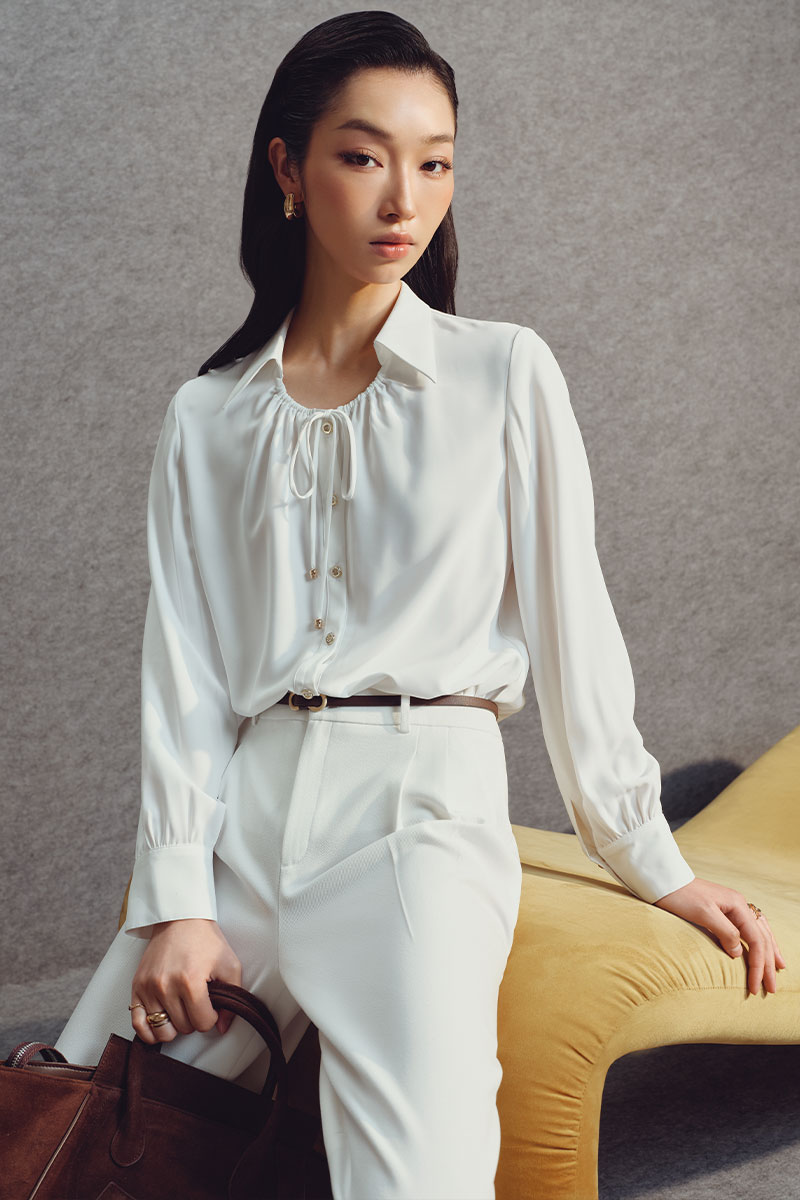 Sơ mi DT họng cổ nhúm buộc dây