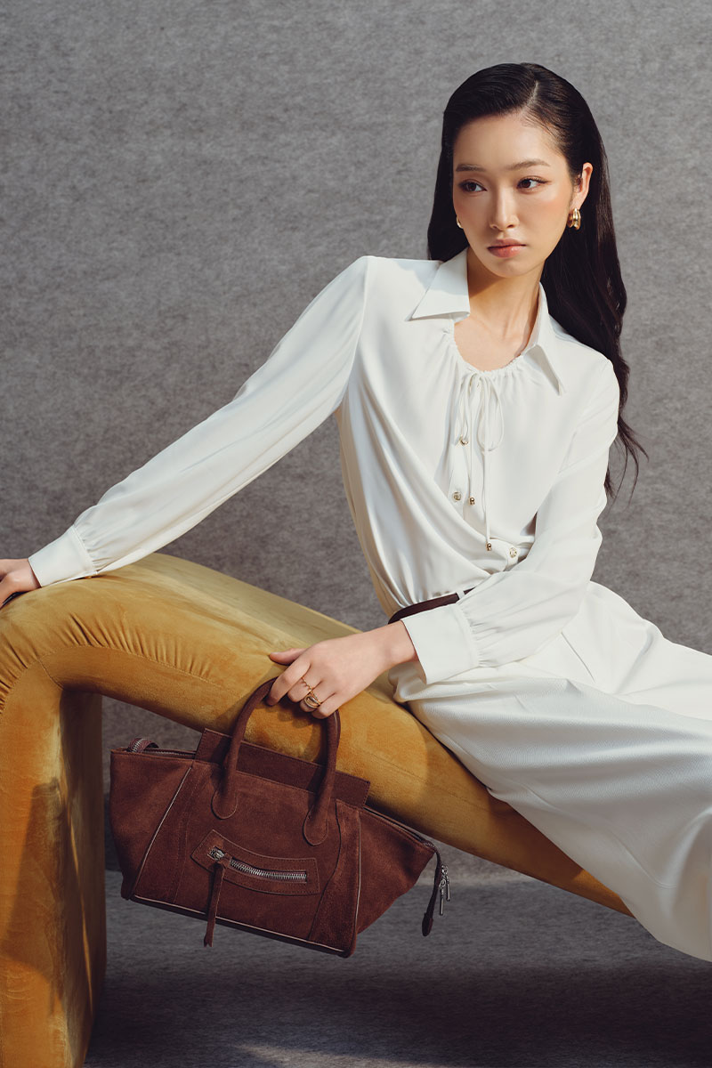 Sơ mi DT họng cổ nhúm buộc dây