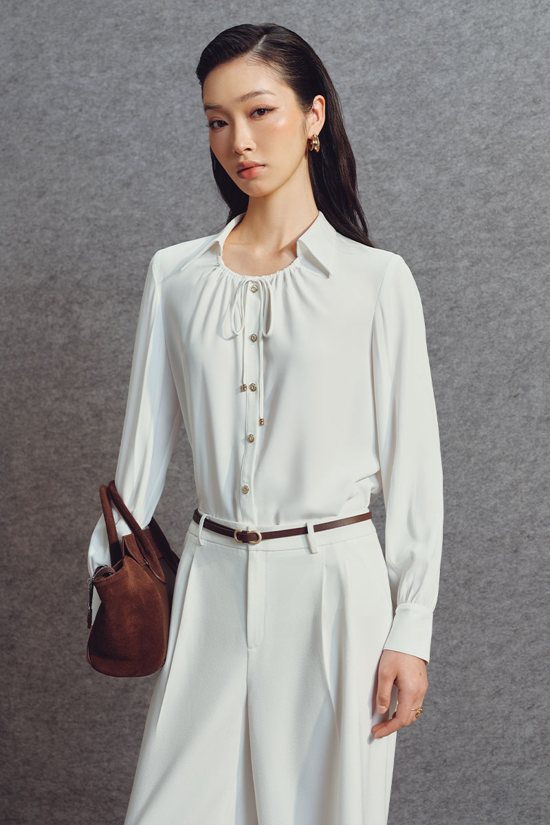 Sơ mi DT họng cổ nhúm buộc dây