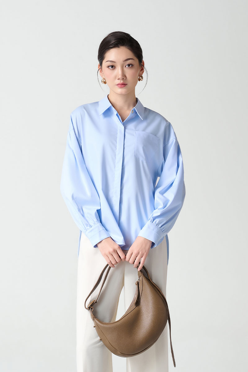 Sơ mi DT phom rộng mở cúc sườn