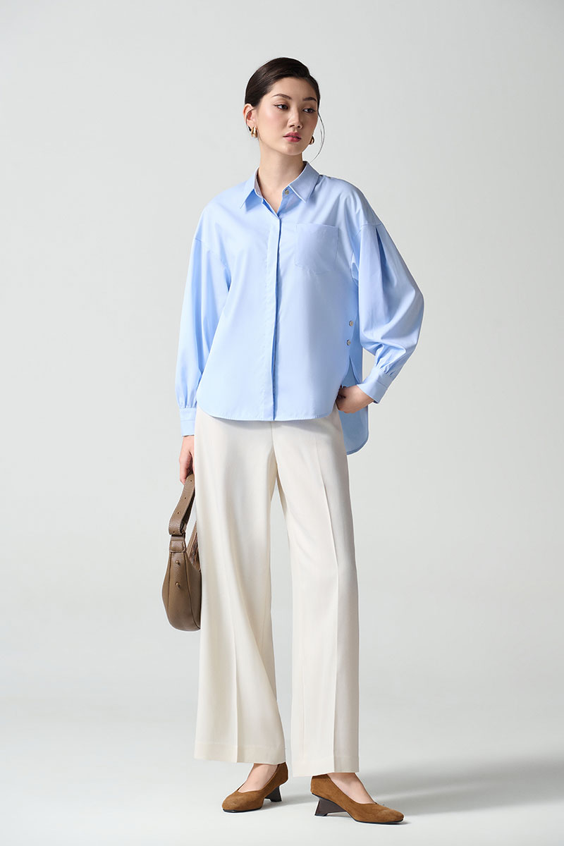 Sơ mi DT phom rộng mở cúc sườn