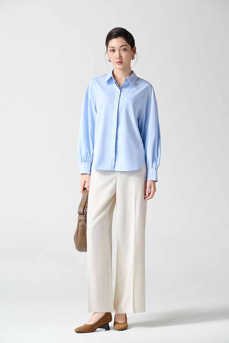 Sơ mi DT phom rộng mở cúc sườn