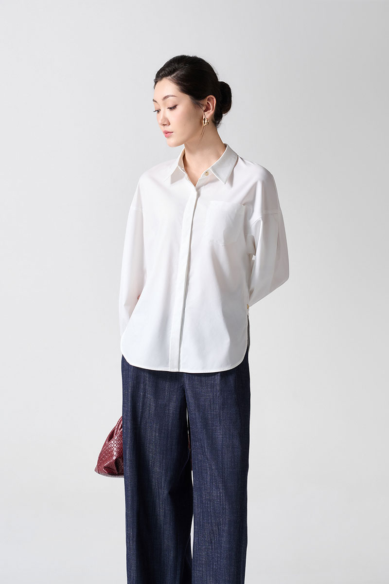 Sơ mi DT phom rộng mở cúc sườn