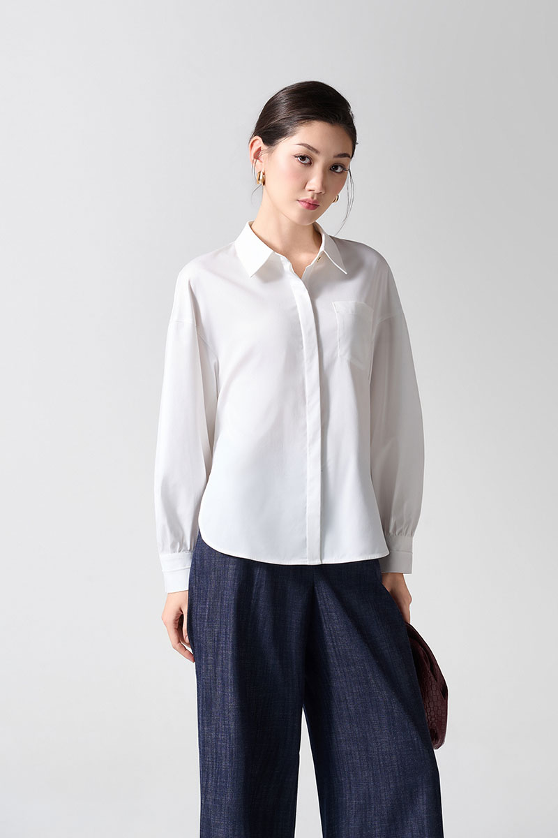 Sơ mi DT phom rộng mở cúc sườn