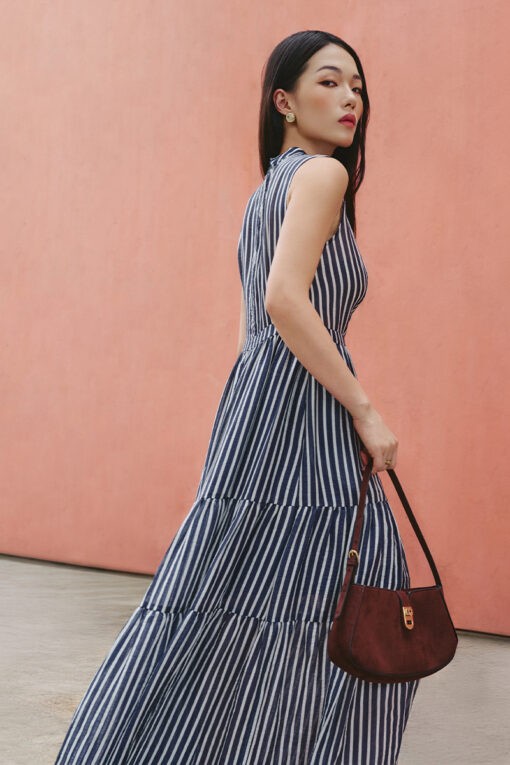 Đầm maxi cổ V vắt nơ, tùng 3 tầng