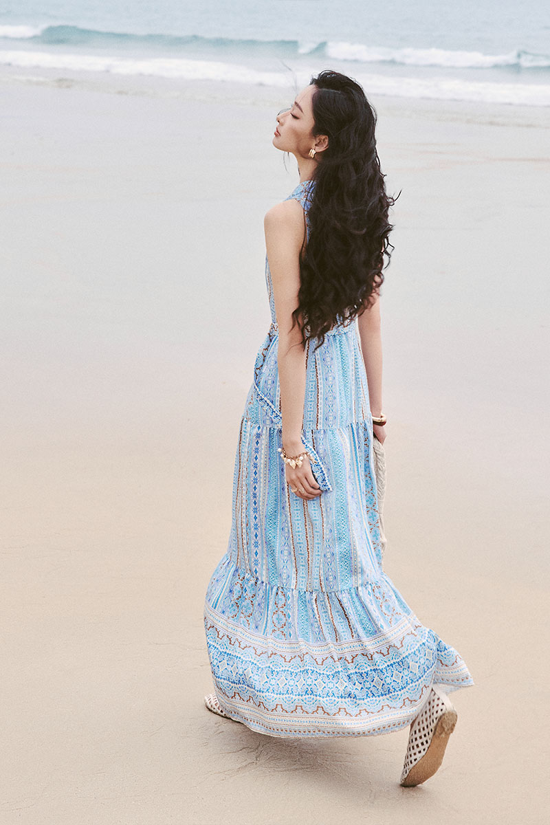 Đầm maxi xòe cổ vest SN kèm đai