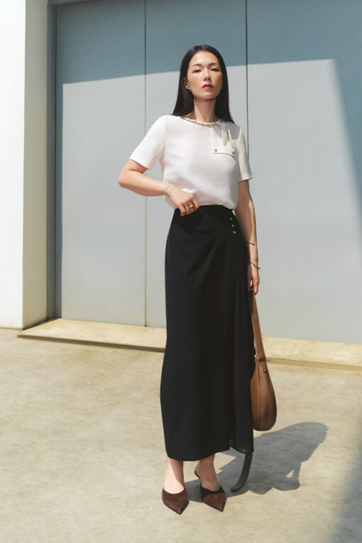Chân váy dài eo xếp ly can phối sườn