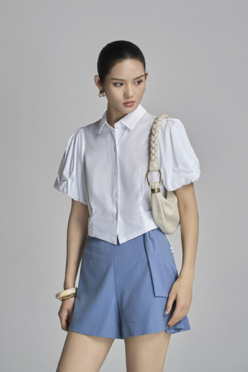 Sơ mi CT Bamboo croptop tay đính bồng