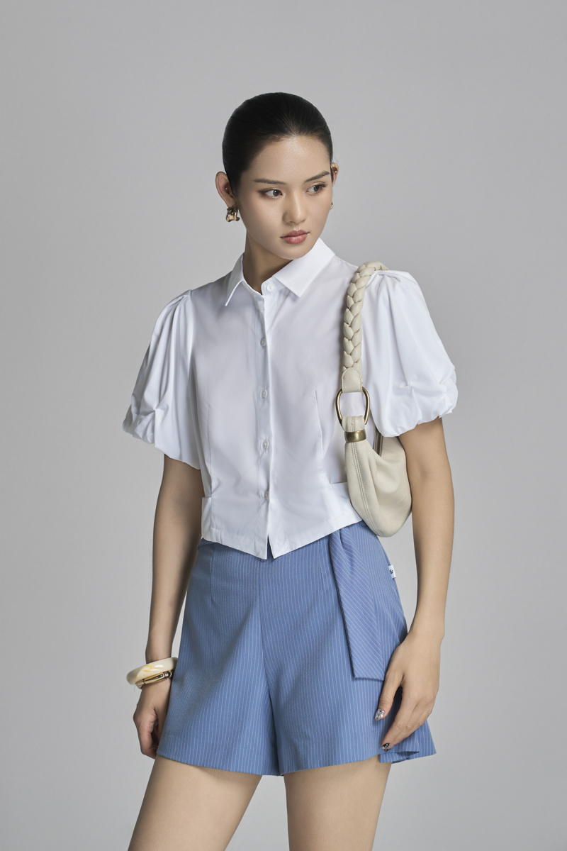 Sơ mi CT Bamboo croptop tay đính bồng