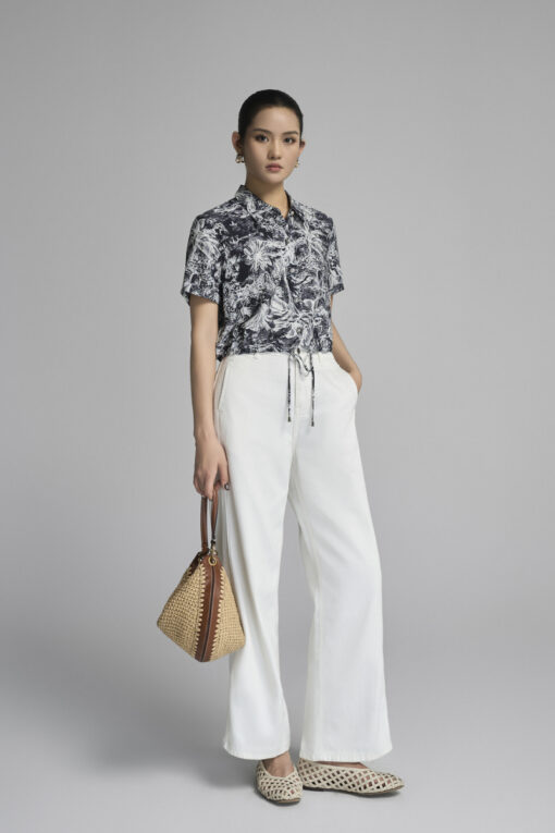 Sơ mi CT croptop hoạ tiết gấu buộc dây