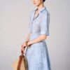 Đầm xoè hoạ tiết cổ 2 ve tay xếp ly