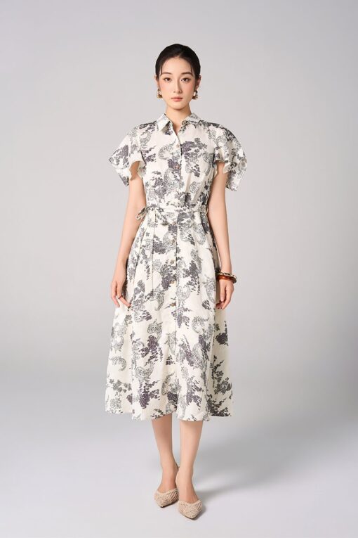 Đầm xoè hoạ tiết tay vát rủ