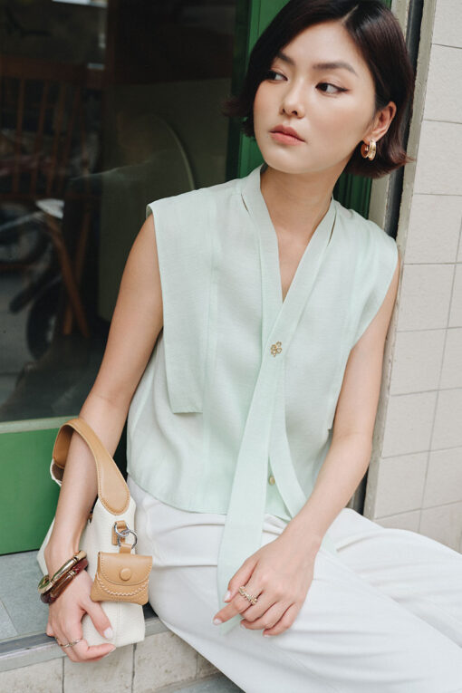 Sơ mi SN bong vai cổ đính thả dây