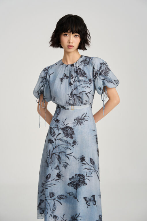 Đầm xoè hoạ tiết tay giật rút dây