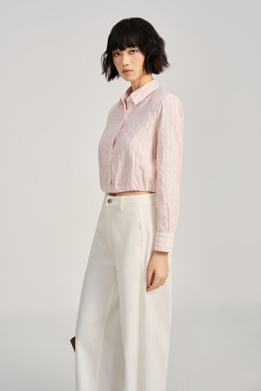 Sơ mi DT kẻ croptop chun gấu, đệm vai