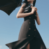 Đầm text xoè cổ vest can thân chun eo sau